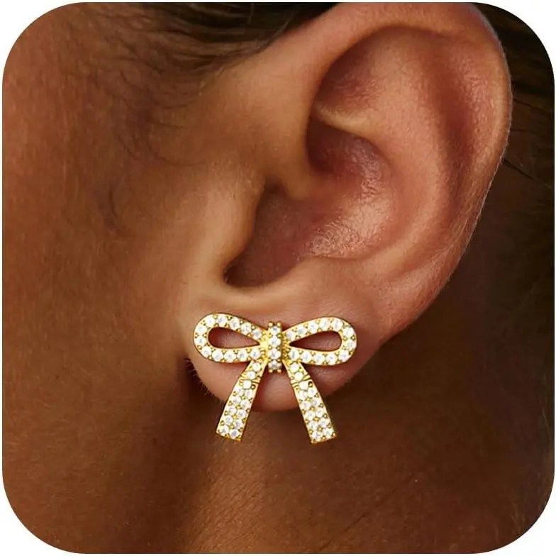 Bow Earrings for Women Trendy Sparkly Rhinestone Chain Tassel Earrings Cute Ribbon Stud Earring Daily Party Jewerly Gifts Prom Dress Accessories