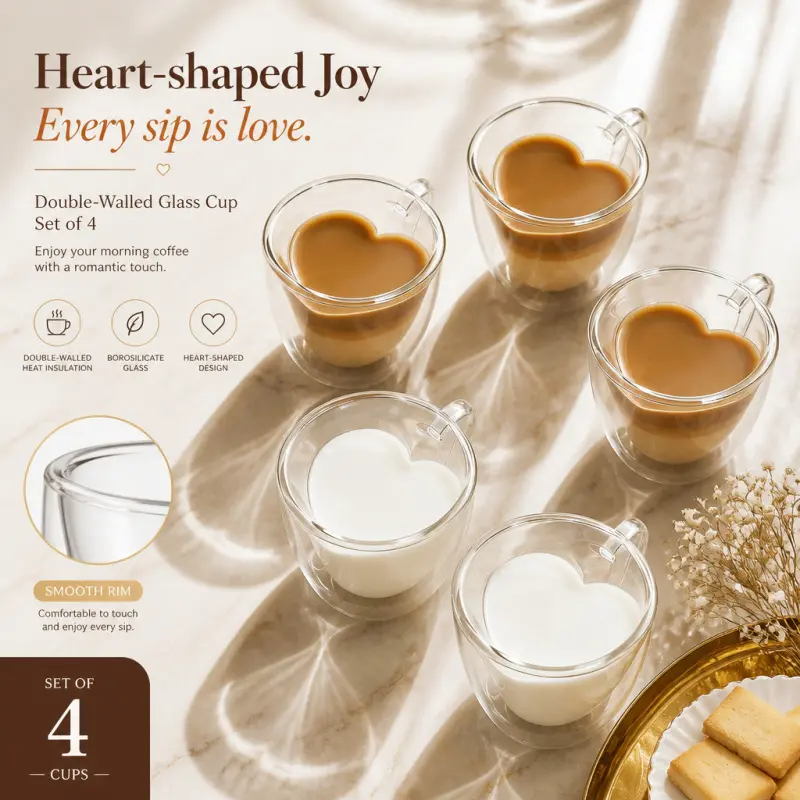 Set Of 4 Heart Shaped Double Wall Borosilicate Glass Coffee Mugs With Handle, Heat Insulated Clear Espresso Latte Cups, Romantic Drinking Glassware For Home Breakfast Wedding Gift