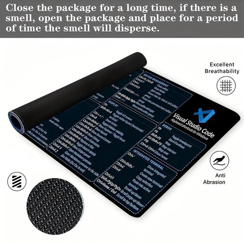 Coding Visual Studio Code Shortcuts Keyboard Mouse Pad, Non-slip Rubber Base Stitched Edge Desk Pad, Office Desk Accessories for Laptop Desktop