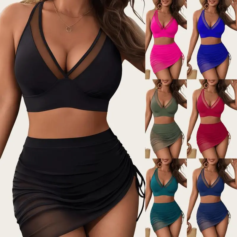 Women's Mesh V Neck Halter Tankini Two Piece Swimsuit, Side Drawstring Ruched Mesh Swim Skirt Cover Up, Tummy Control Conservative Modest Bathing Suit for Beach Pool Cruise Vacation