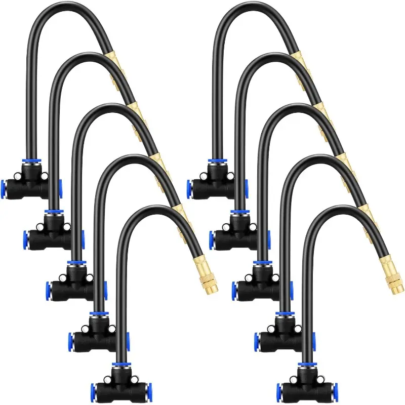 10-Pc Brass Misting Nozzle Tee Set with 8" Built-in Hose for 0.32"/8 mm Tubing, 360-Degree Rotation Adjustable Thread Sprayer, Patio Outdoor Cooling Accessories for Watering & Irrigation Patio Users