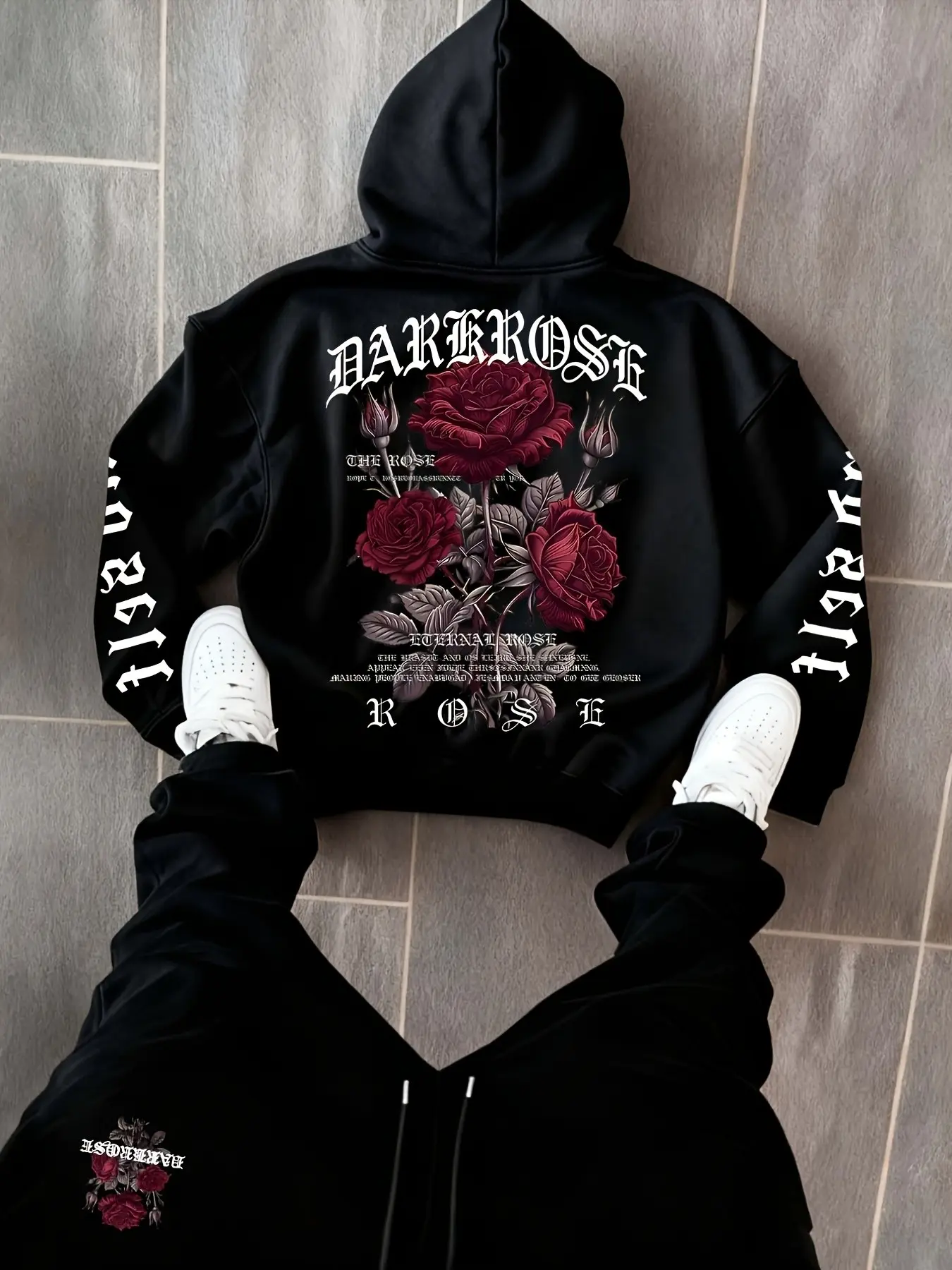 Y2K Dark Aesthetic Black Hoodie and Sweatpants Two-Piece Set, printed with Gothic Rose patterns, loose casual fit, front kangaroo pockets, fade-resistant prints, soft and warm fleece lining, elastic ribbed cuffs and hem, casual streetwear hoodie, lazy out