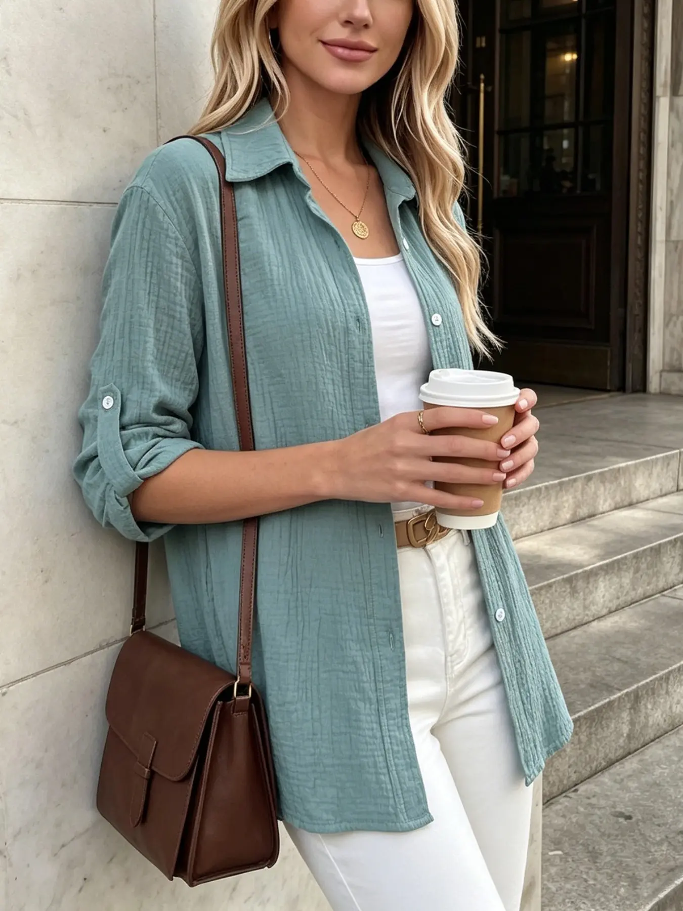 Women's Fall Winter Long Sleeve Button Shirt, Loose Collar Rolled Sleeves, Daily Commute Versatile Outerwear, Plaid Pattern Blouse