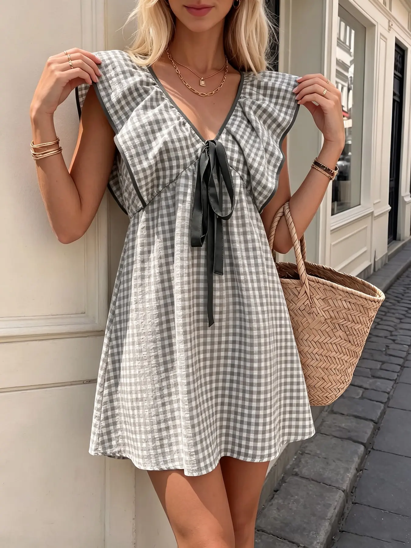 Plaid Mini Dress, V Neck Tie Back Ruffle Sleeve, Backless Waist Cinched a Line Skirt, Summer Beach Vacation Style, Casual Sporty Dress