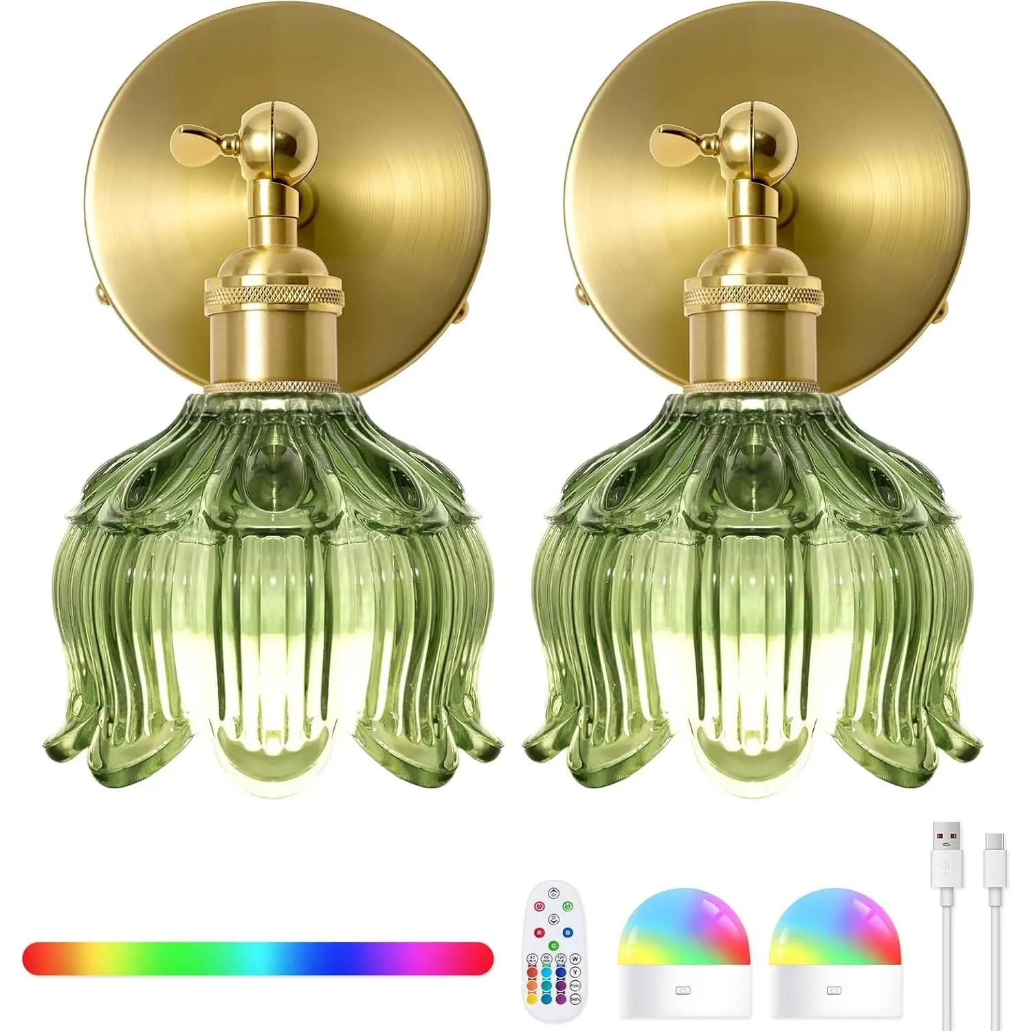 Vintage Brass Frame Wall Sconces - 2-Pack 5000mAh Rechargeable Dimmable Wireless Glass Shade Lights with Remote Control - Cordless Wall Mount Lighting for Bedroom