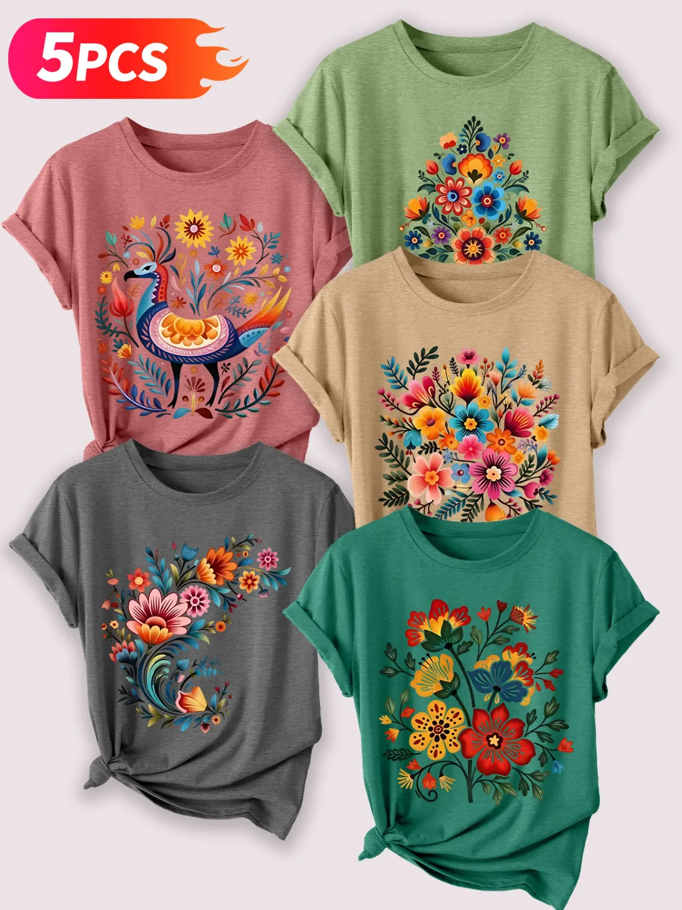 5Pcs Women's Crew Neck T-Shirts With Folk Floral And Bird Patterns, Printed Designs As Shown In Pictures, Multiple Colors, Machine Washable Spring & Summer Tops, Soft Skin-Friendly Fabric, Daily Casual Outfits, Fashion Versatile Style