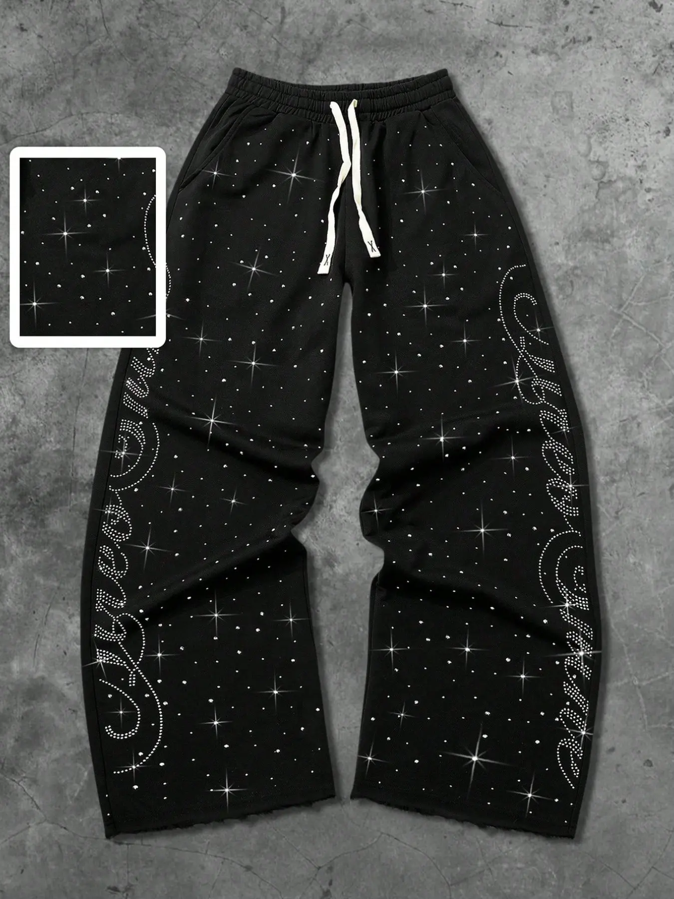 Men's Starry Rhinestone Wide Leg Sweatpants, Drawstring Elastic Waist, Loose Fit Streetwear, Long Pants with Water Drill Print