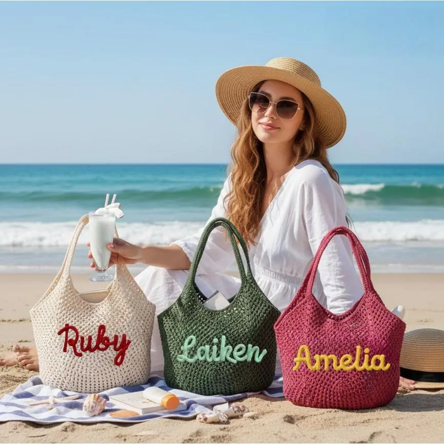 AS1002 Customized Name Hollow Woven Tote Bag Women's Summer Beach Vacation Bag Knitted Shoulder Bag Large