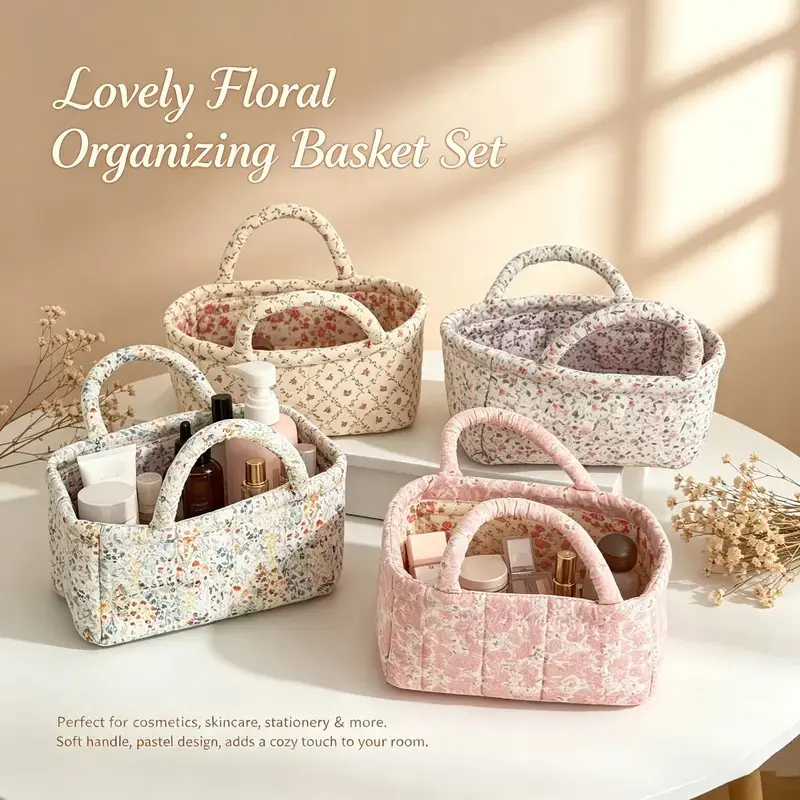Women's Rustic Floral Storage Basket, Soft Pink Small Size, Room Decor & Home Organization Supplies, Quilted Stitching Craft, Portable Handheld Desktop Organizer, Retro 4-Color Universal Bin for Small Items