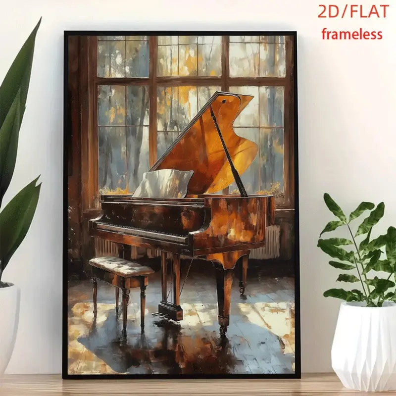 frameless Vintage Piano by Sunlit Window Art Art Decor Print Poster, Wall Art for Living Room, Bedroom, Office, Dining Room & Bar, Perfect Gift & Home Decor, 12in x 16in