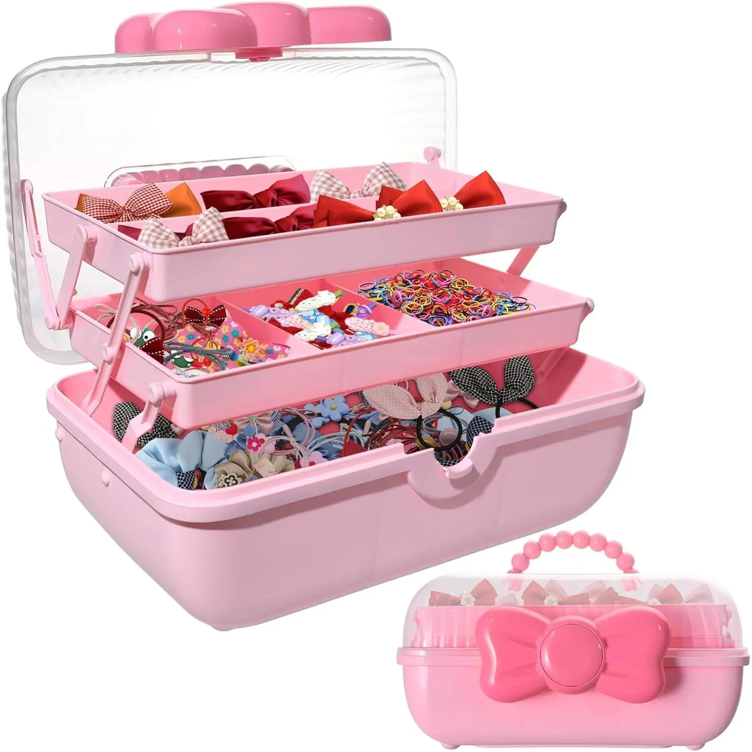 3-Layer Lockable Folding Hair Accessories Organizer for Girls - Lightweight Transparent Pink Plastic Storage Box with Handle, Cute Bow for Headbands, Clips, Ornaments