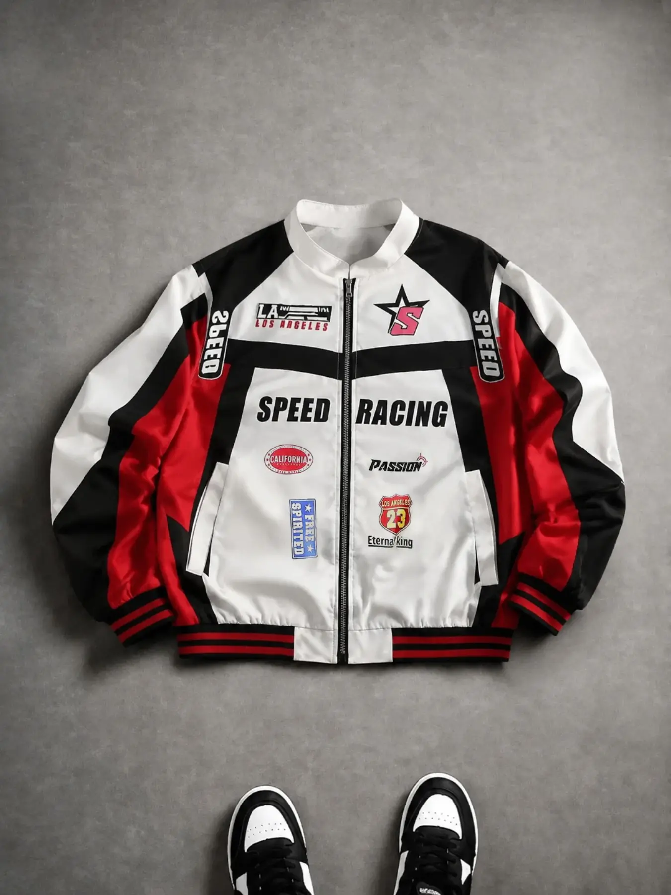 Colorblock Unisex Stand Collar Athletic Sporty Jacket, Racing Element Print, Woven Fabric, Digital Craft, Summer Autumn Streetwear, Casual Racing Jacket, Casual Sportswear Jacket