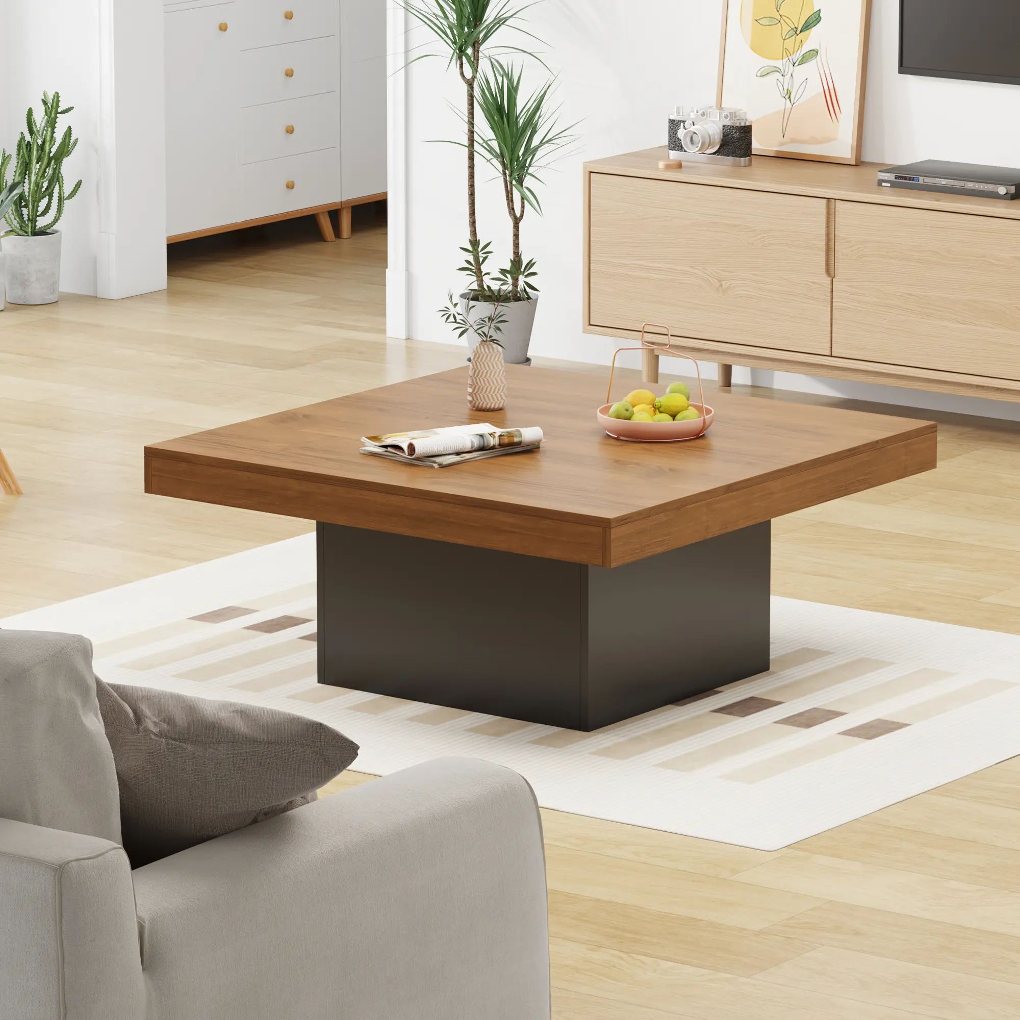 Modern Square Top LED Coffee Table - 16-Color LED Lighting, 35.43" x 35.43" x 17.72", Color-Changing Effects, Plug-In, Mid-Century Indoor Accent Table, Assembly Kit Included for Living Room, Office