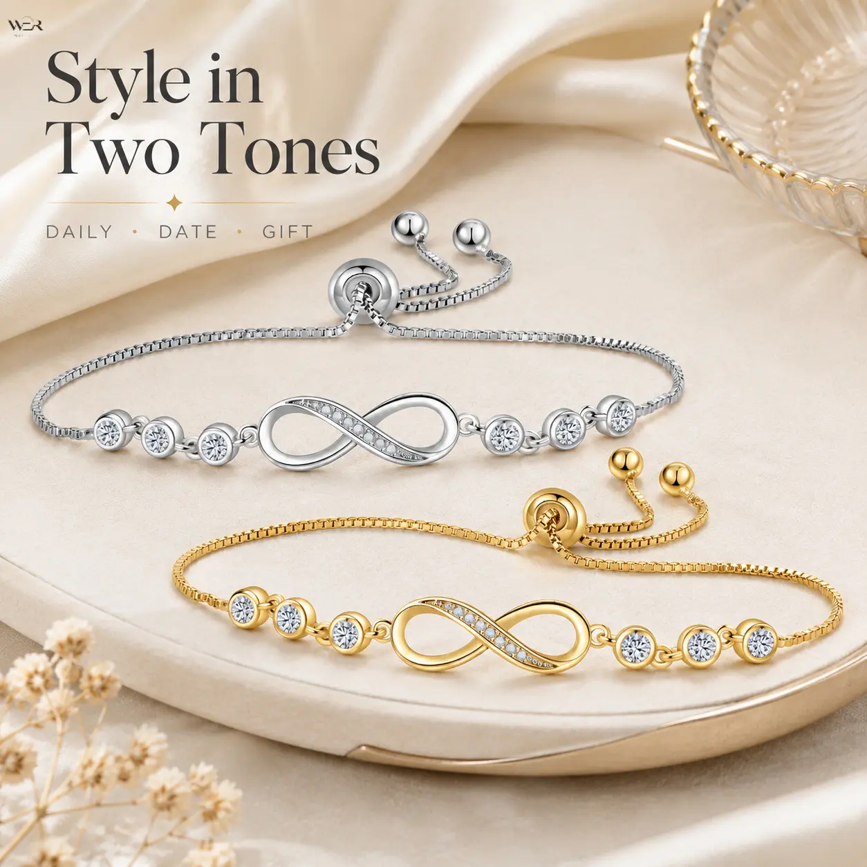 Infinity Symbol Adjustable Slider Bracelet, Dainty Box Chain with 7 Clear CZ Stones, 2 Tone Gold Silver Minimalist Forever Charm Wrist Jewelry, Lightweight Meaningful Gift for Women Daily Date Wedding Wear