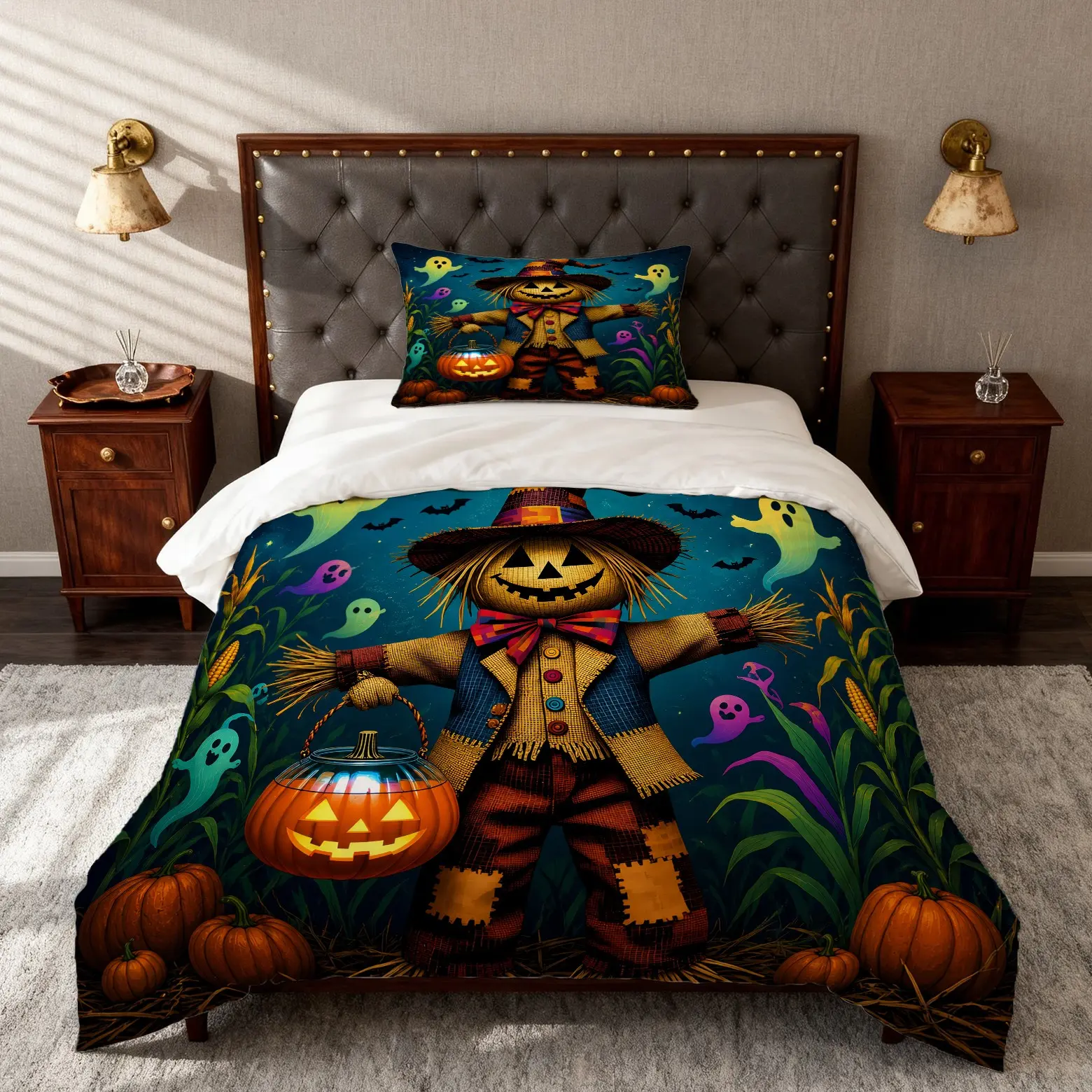 2/3-piece Halloween scarecrow pumpkin ghost duvet cover bedding set, retro pastoral harvest style digital print quilt cover, contains 1 duvet cover + 1/2 pillowcases, no inserts included, ideal for Halloween bedroom decoration