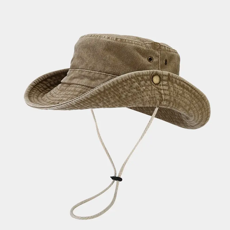 Vintage Washed Cotton Boonie Hat Wide Brim Bucket Cap Distressed Retro Safari Sun Visor Adjustable Chin Strap For Men Women Outdoor Hiking Camping Hunting Fishing