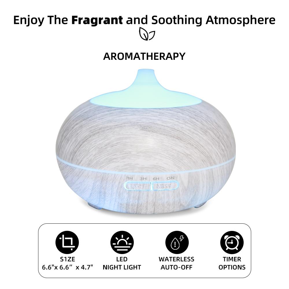 550ml Wood Grain Aromatherapy Diffuser with Remote, 6 Essential Oils & 7 Color LED Light
