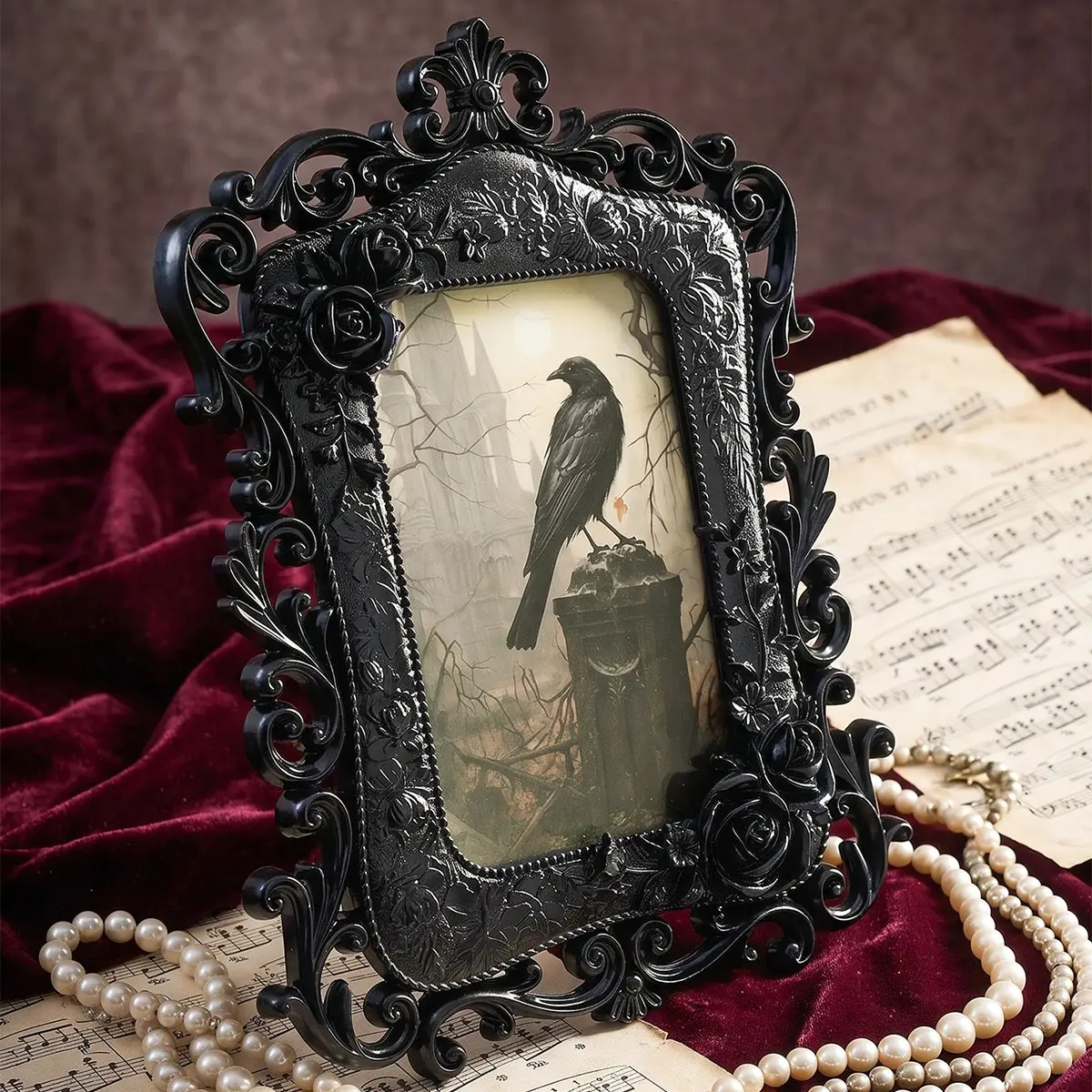 Halloween Decorative Baroque Rose Frame, French Lace Desk Photo Frame, Witch Style Photography Set, Bedroom Desktop Decoration, Vintage Photo Frame