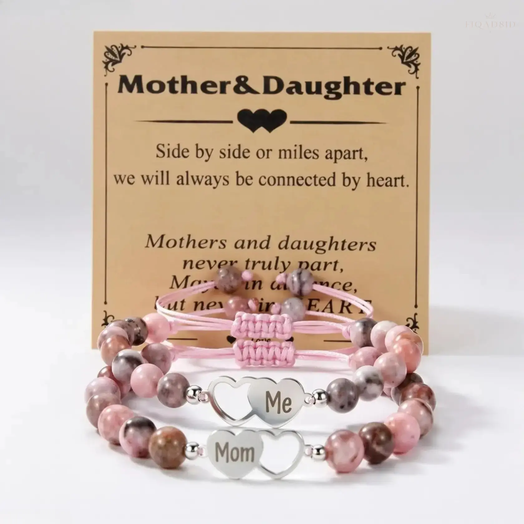 Mother‑Daughter Bracelet Set Of 2, Natural Stone Beaded Bracelets With Interlocking Heart Mom And Me Charms, Adjustable Matching Jewelry With Greeting Card For Mother’s Day And Sentimental Gifting