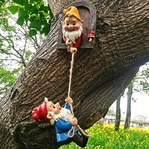 Tree Climbing Dwarf Figurines Set, Outdoor Statue for Garden Patio Wall Decor, Mother's Day Christmas Gift, Hanging Ornament