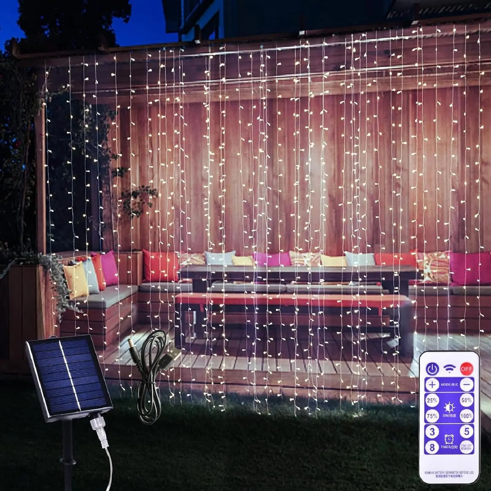 300LED Solar Curtain Lights USB & Solar Dual Powered 8 Modes Fairy Curtain String Lights Waterproof Twinkle Lights for Home Indoor Outdoor Use Garden Patio Gazebo (Warm White)