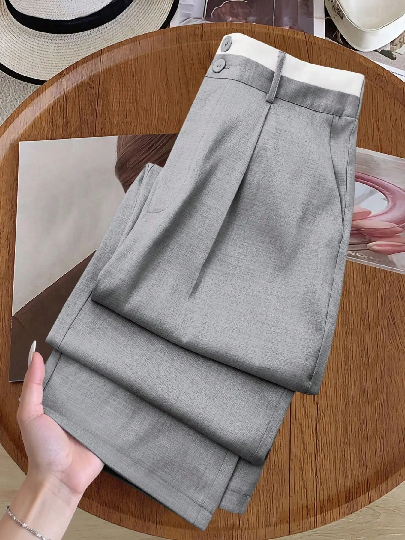Women's Basic Simple Office Style Straight Leg Suit Button Pants, High Waist Slimming Wrinkle-Resistant Long Pants, Business Casual Everyday Wear, Bottom