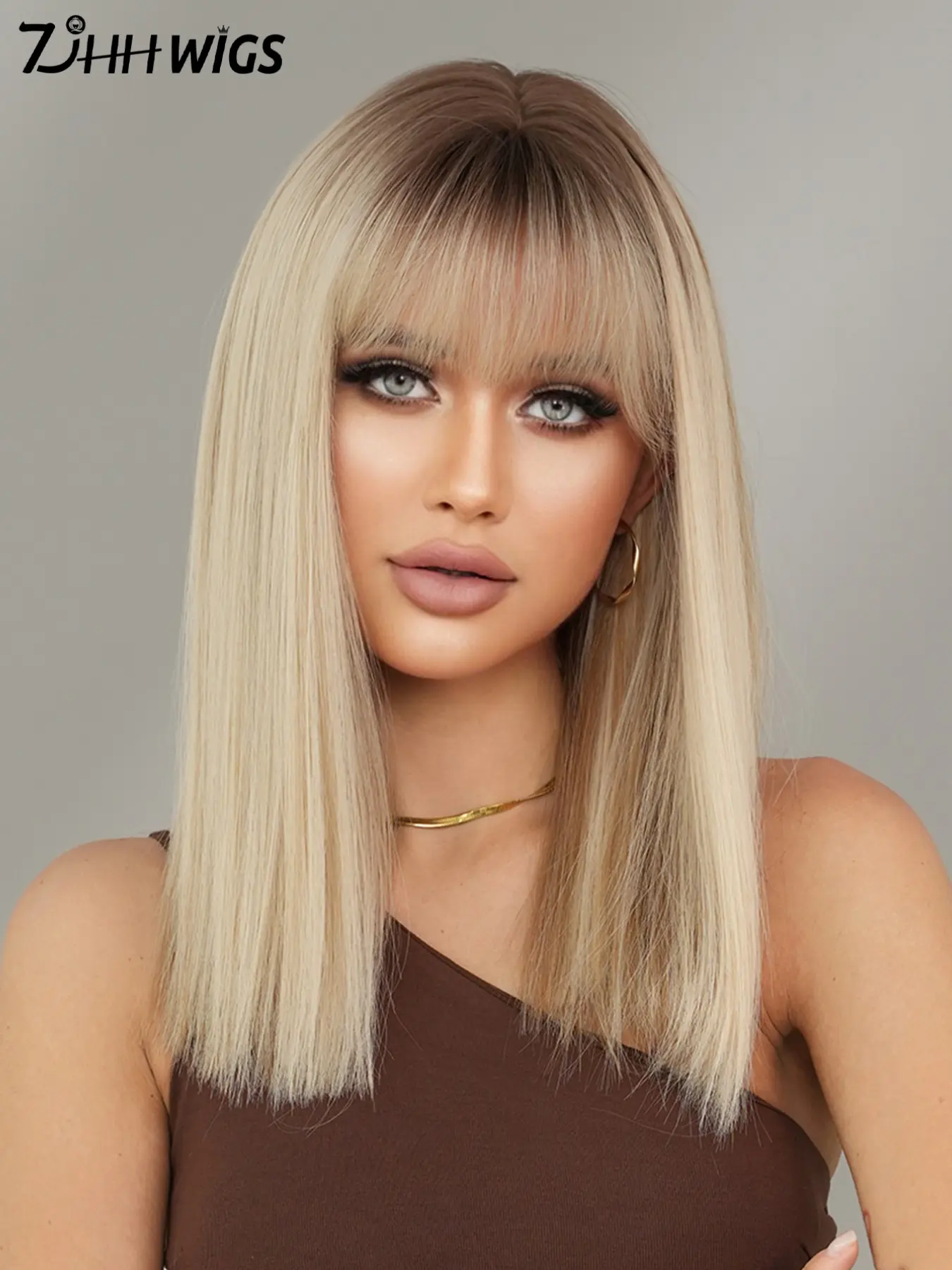18 Inch Long Straight Rooted Color Hair Wig for Women, Gorgeous Fashion Fluffy Wigs with Blunt Bangs, Synthetic Full Machine Wigs for Party, Daily Use