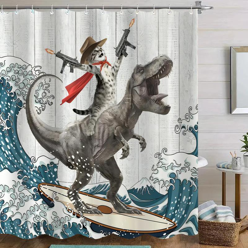 Dinosaur and Cat Pattern Removable Shower Curtain, Waterproof Bathroom Curtain with 12 Hooks, Decor for Home, Hotel, Apartment, Dorm and Spa, Decoration