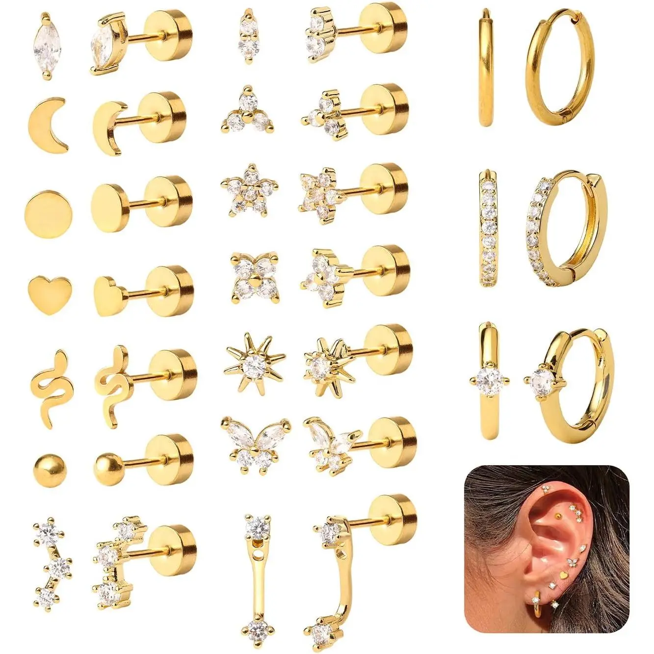 25Pcs/17 Pairs Hypoallergenic Surgical Steel Earrings for Sensitive Ears 14K Gold Plated Flat Back Cartilage Earrings for Women Men Screw Back Flatback Stud Hoop Earring Set for Multiple Piercing