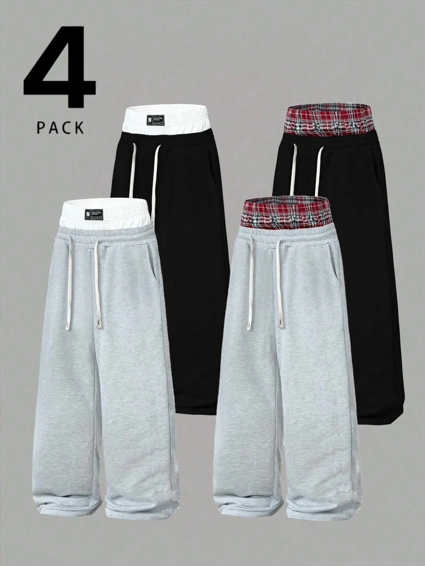 Men's 4 Pack Casual Comfy Sweatpants, Black Gray Two Tone Matching, White Plaid Contrast Inner Waistband, Double Drawstring Waist, Loose Wide Leg Cut, Cuffed Hem Street Daily Bottoms