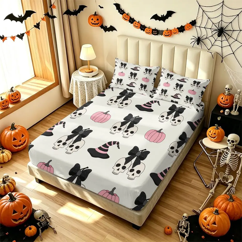 3Pcs Spooky Pink Halloween Bedding Set, Aesthetic Skull and Pumpkin Fitted Sheet Set, Soft Gothic Bed Sheets Set for Bedroom Decor, Cute Witchy Room Essentials No Fillers