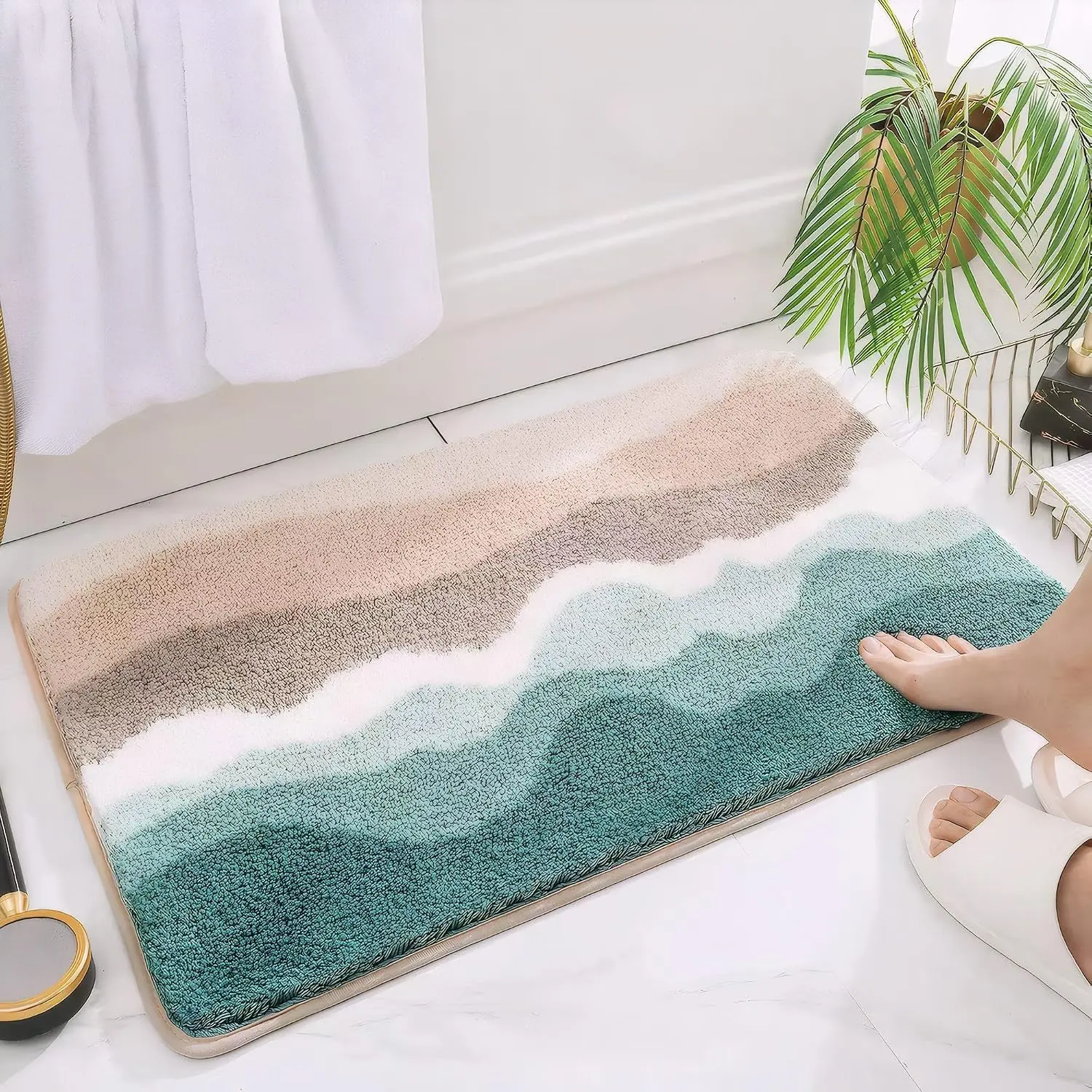 Microfiber Bathroom Rugs, Absorbent Soft Shaggy Carpet Floor Mats for Shower Tub Sink Toilet, Non-Slip Plush Carpet Floor Mats for Living Room Bedroom Kitchen ,Green,24 X 16 Inches