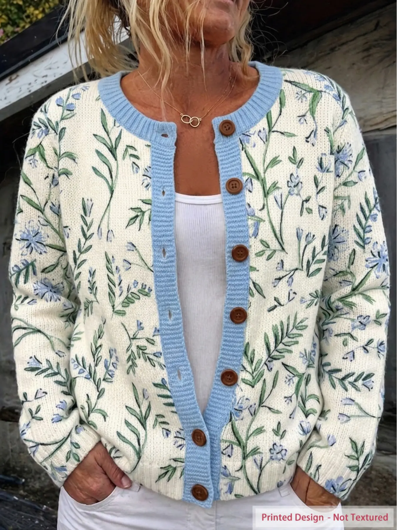 Women's Four-Season Casual Button-Up Knit Cardigan, Printed Pattern, Ribbed Round Neck, Long Sleeves, Wooden Buttons, Relaxed Fit, Knitwear