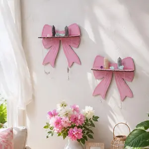 2pcs Wall Decor Hooks, Bow Shelf, Cute Girl Academy Style, Wooden Hanging Rack, Crystal Wall Shelf, Simple Home Bedroom Decoration