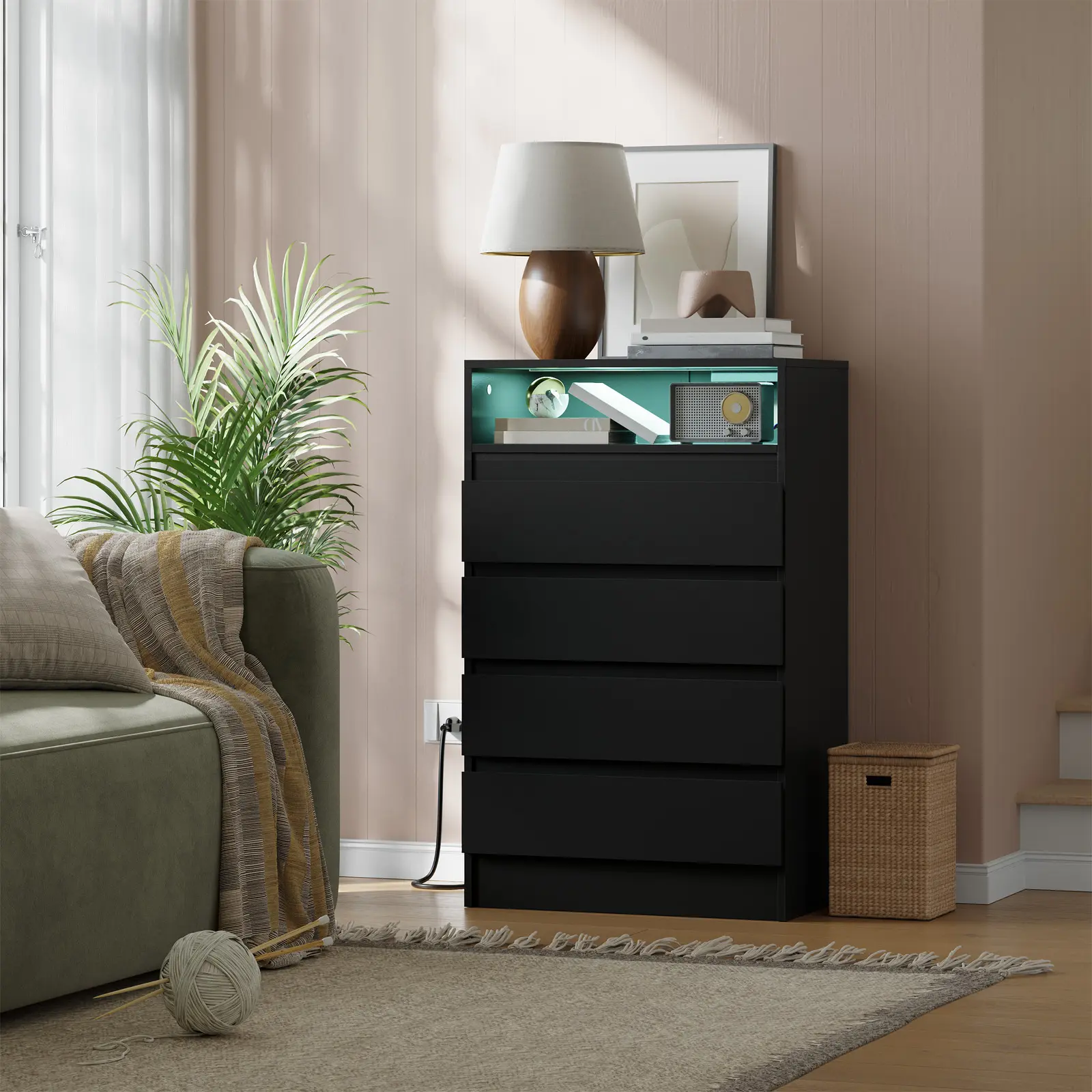 4 Drawer Dresser – Bedroom, Living Room Storage Cabinet with LED Lights & USB Charging Station – Ample Space, Power Outlet – Accent Chest of Drawers - Black