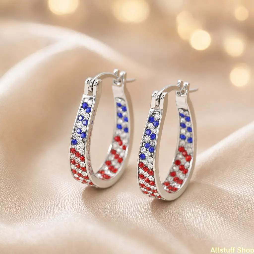 Women’s Independence Day Two‑Tone Red & Blue Hoop Earrings, Sparkling Rhinestone‑Inlaid Circle Ear Jewelry, Stylish Patriotic Accessories for Daily Casual Wear, Holiday Parties & National Festival Events