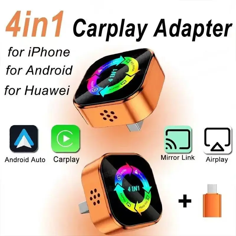 Upgrade 4-In-1 Carplay Wireless Adapter, Compatible with iPhone/android, Fast Connection, Hands-Free Call, Airplay, Mirror Link, Bluetooth-compatible 5.0
