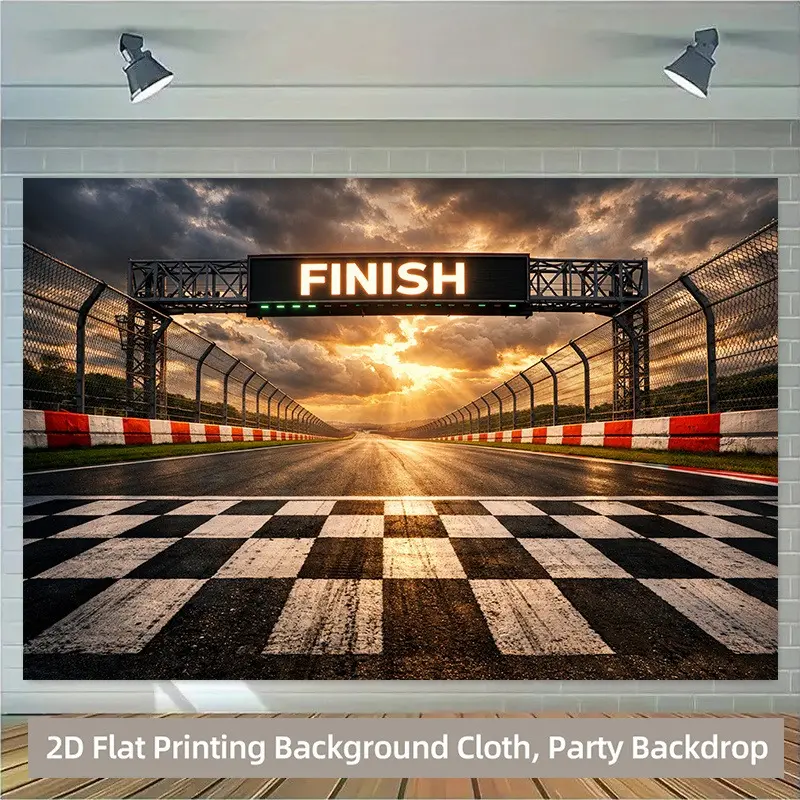 Racing Sunset Checkered Flag 2D Flat Backdrop Banner