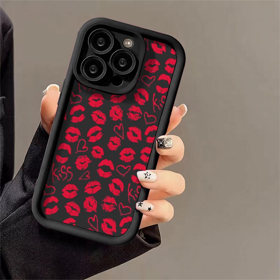Phone Case: 1pc Red Lip Print Heart Kiss Phone Case Suitable for Apple iPhone 17 E Air Pro ProMax iPhone16 15 14 Plus 13 12 Mini 11 X XS XR Antidrop Shock Proof All Inclusive Lens Protection Girlish Style Cute Can
