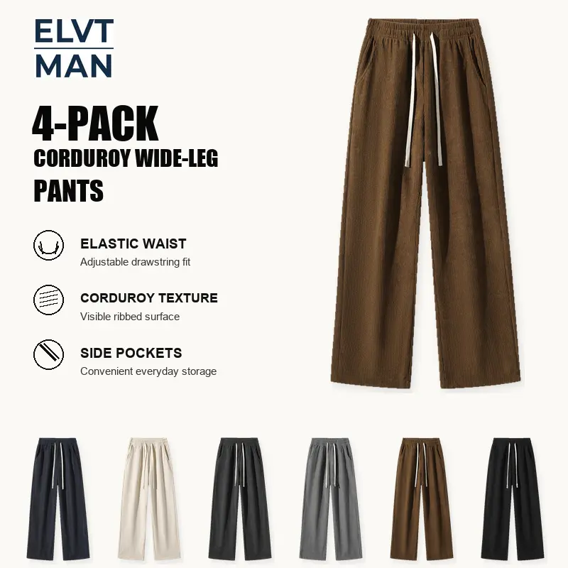 Men's Corduroy Wide-Leg Pants, 4-Pack Mixed and Same Color Options, Coffee Brown Feature Display, Relaxed Full-Length Casual Pants with Pockets, Everyday Sizes S-XXL