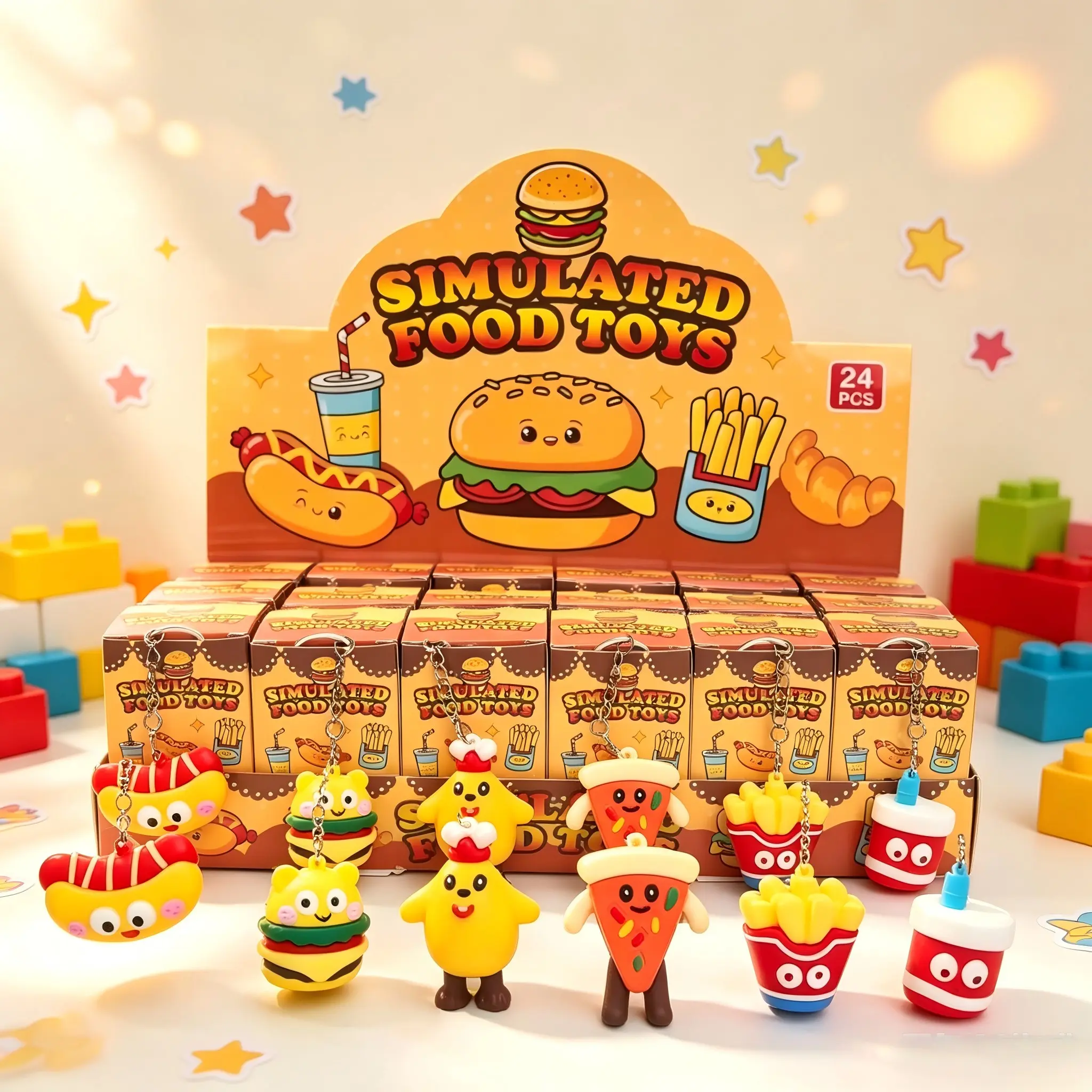 24 Piece Cartoon Fast Food Keychain Blind Box Set, Cute Burger Hot Dog Drink Decorations, Mystery Box Backpack Accessories Gift, Cute Keychains
