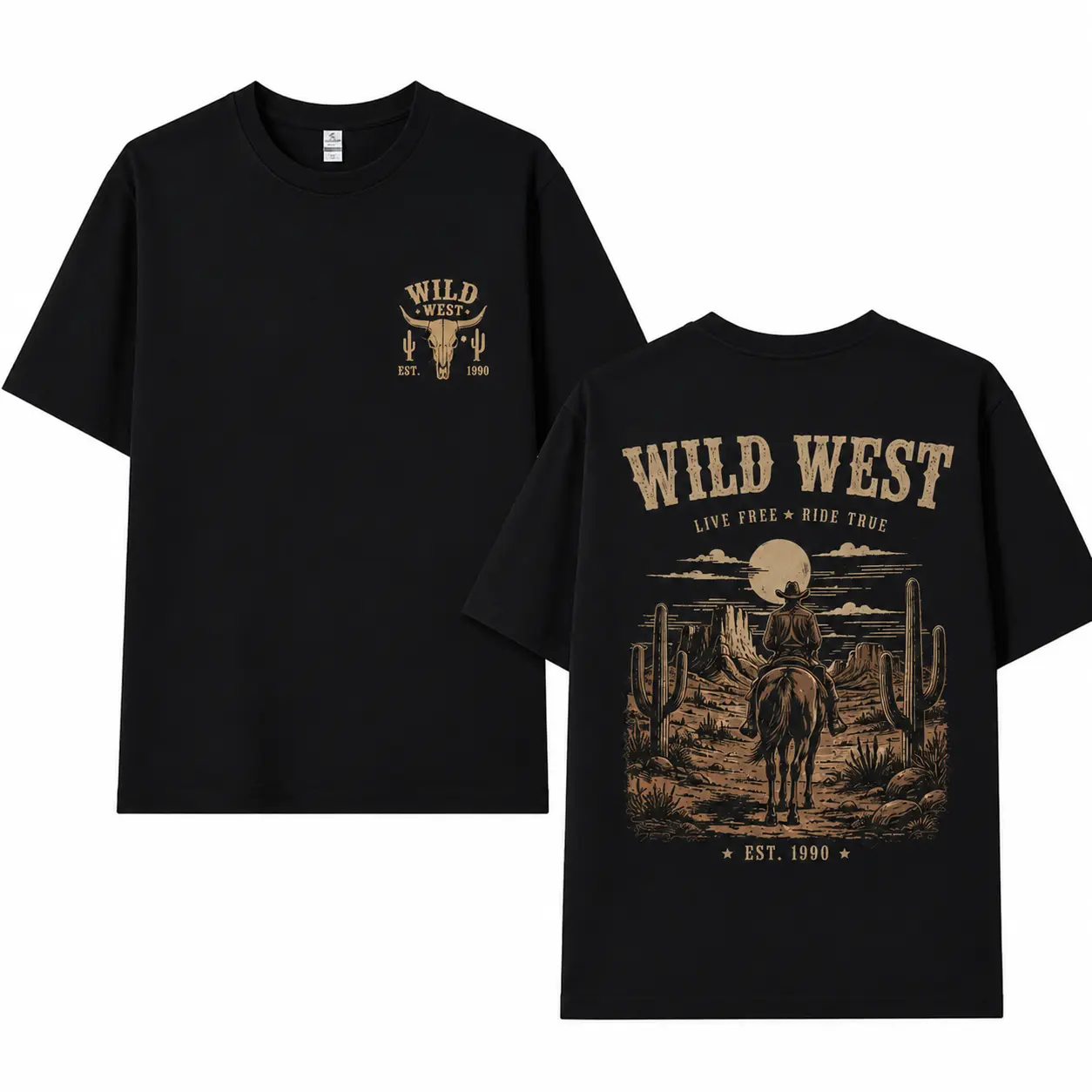 Vintage Wild West Cowboy Desert Cactus Double Sided Oversized Unisex T-Shirt Live Free Ride True Graphic Tee trending menswear distressed gift top tshirt
