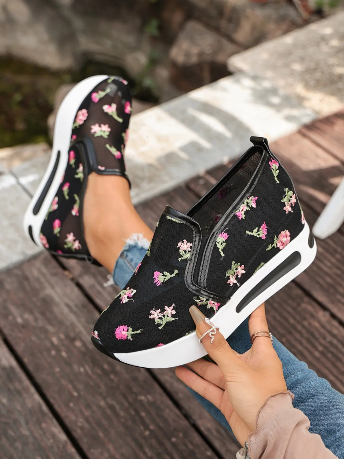 Women's Plus Size Spring Summer Comfortable Slip-On Embroidered Mesh Thick Sole Wedge Sneakers, Elastic Opening Elegant Inner Heel Boost Shoes