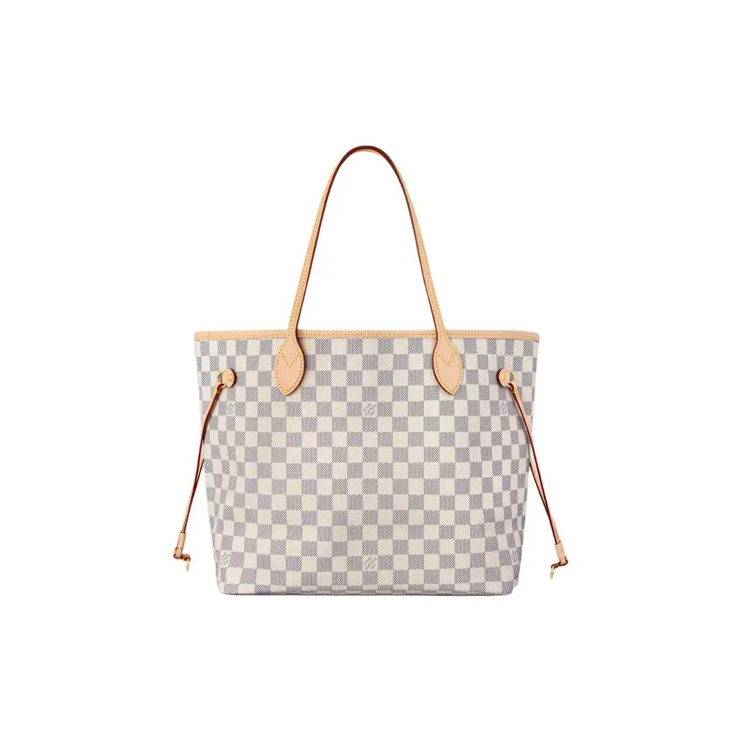 Louis Vuitton Neverfull Tote Bag for Women – Checkered Side Straps, Coated Canvas and Leather, Medium Size, Pink, Classic Women's Handbags, Fabric Women's Handbags