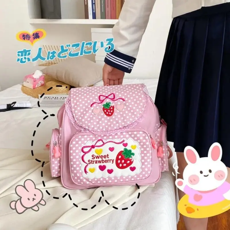 2026 New Embroidered Japanese Cartoon Strawberry Print Synthetic Pink Backpack for School - 30x13x37cm, No Wheels, School Size, Student Birthday Gift, Fashion Accessory Compatible with Tote-Cosmetic Bags, Cute Elem Schoolbag, Backpacks For School, Graphic
