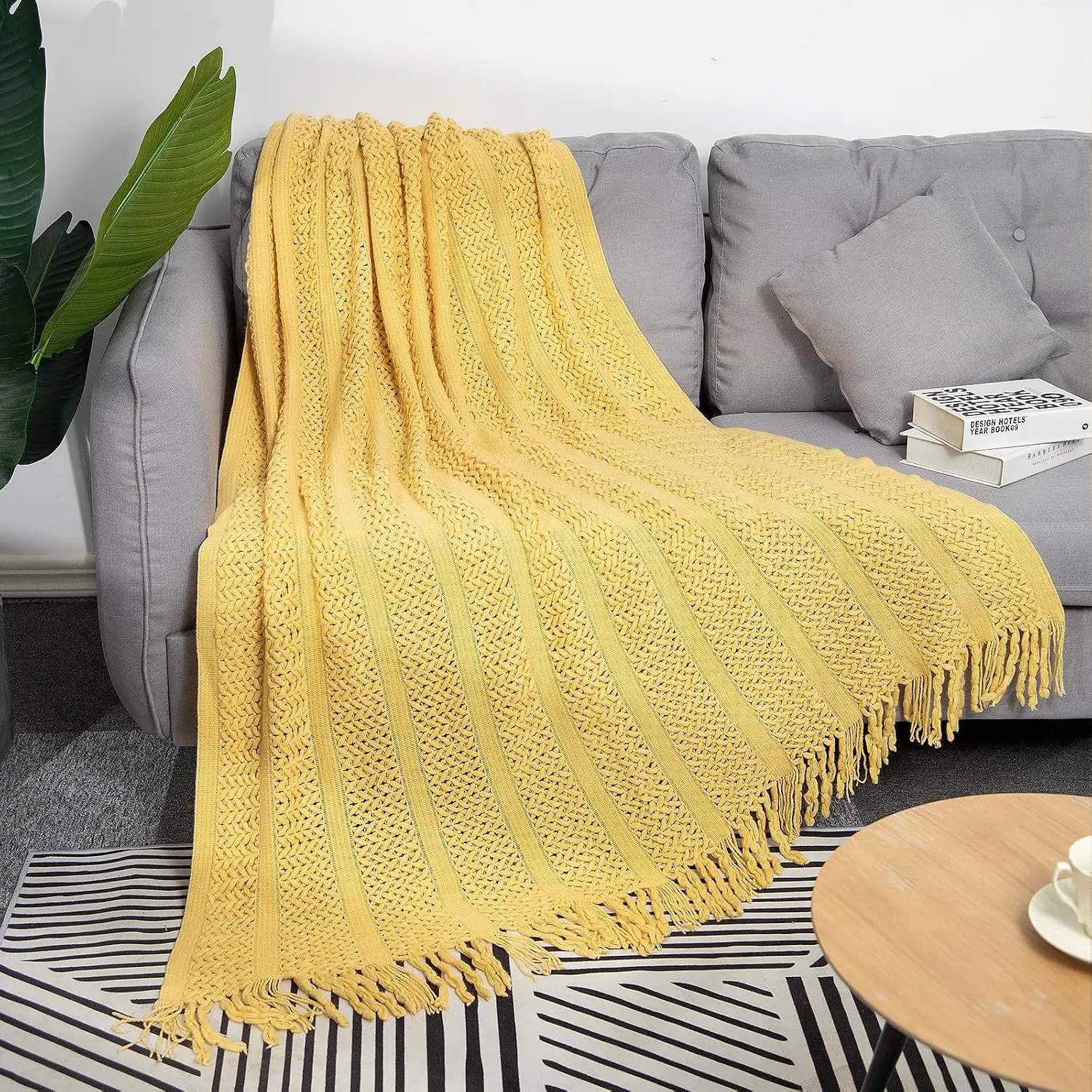 Knit Throw Blanket - Synthetic Fiber, Modern Soft Lightweight Tasseled Solid Cover, 50x60 in for Couch Sofa Bed, Room Decor & House Decor (Yellow)