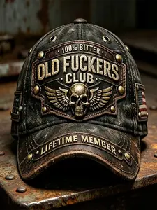 Vintage Motorcycle Truck Driver Hat, Graphic Trucker Hat, Old Fuckers Club 100% Bitter Skull Wings Washed Baseball Cap, Men's Casual Loose-Fit Cap