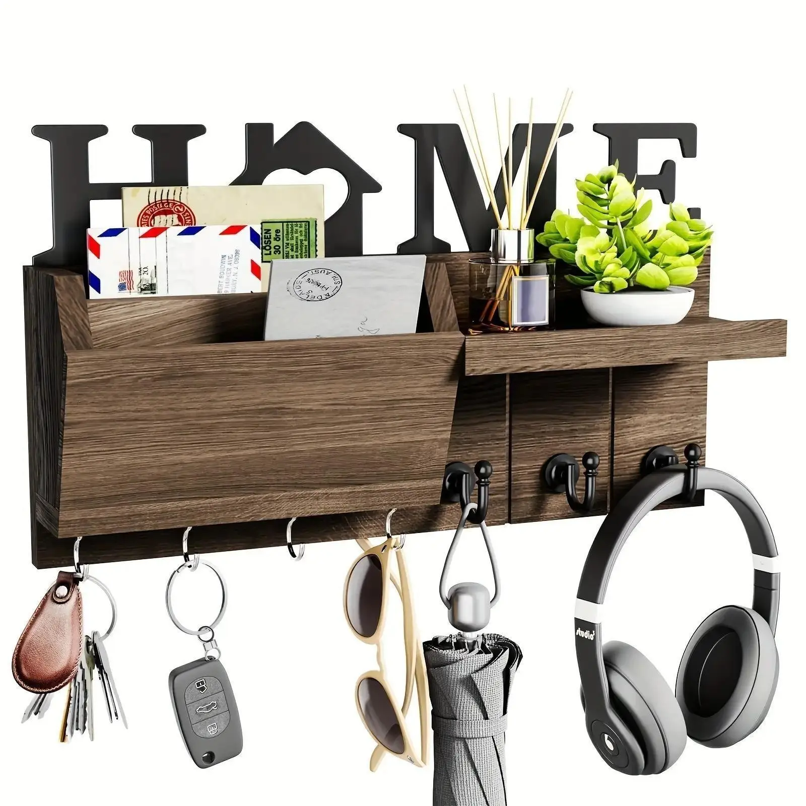 Modern Wooden Key Rack with 7 Hooks, Includes Hooks, Wall-Mounted Entry Organizer for Home Office Bedroom Hallway, Surface, Wood Structure, Key Hook Wall, Decor Hooks