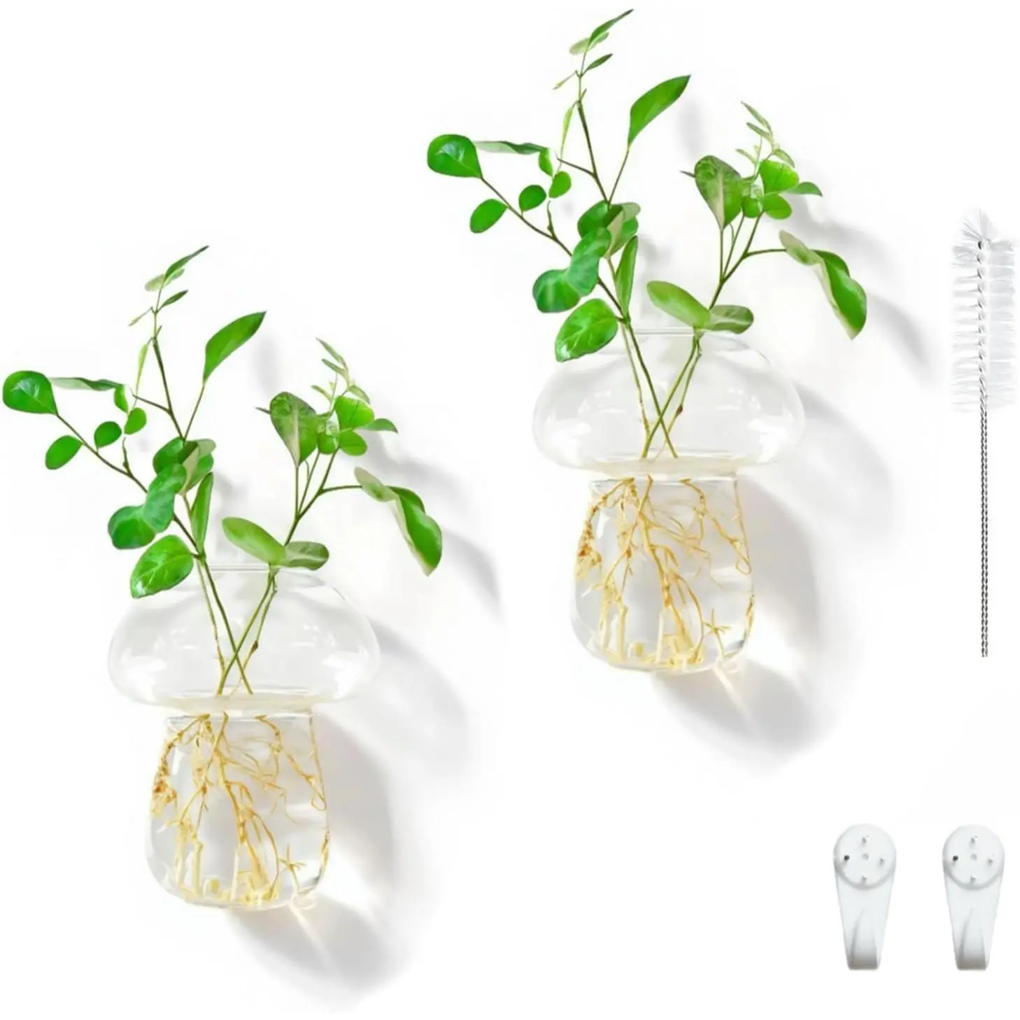 Mushroom Vase with Hook, Propagation Station, Clear Borosilicate Mini Glass Planter Terrarium Jar for  Cuttings,  Hydroponic Bud Flower Holder for Indoor Garden Decor , 2 count