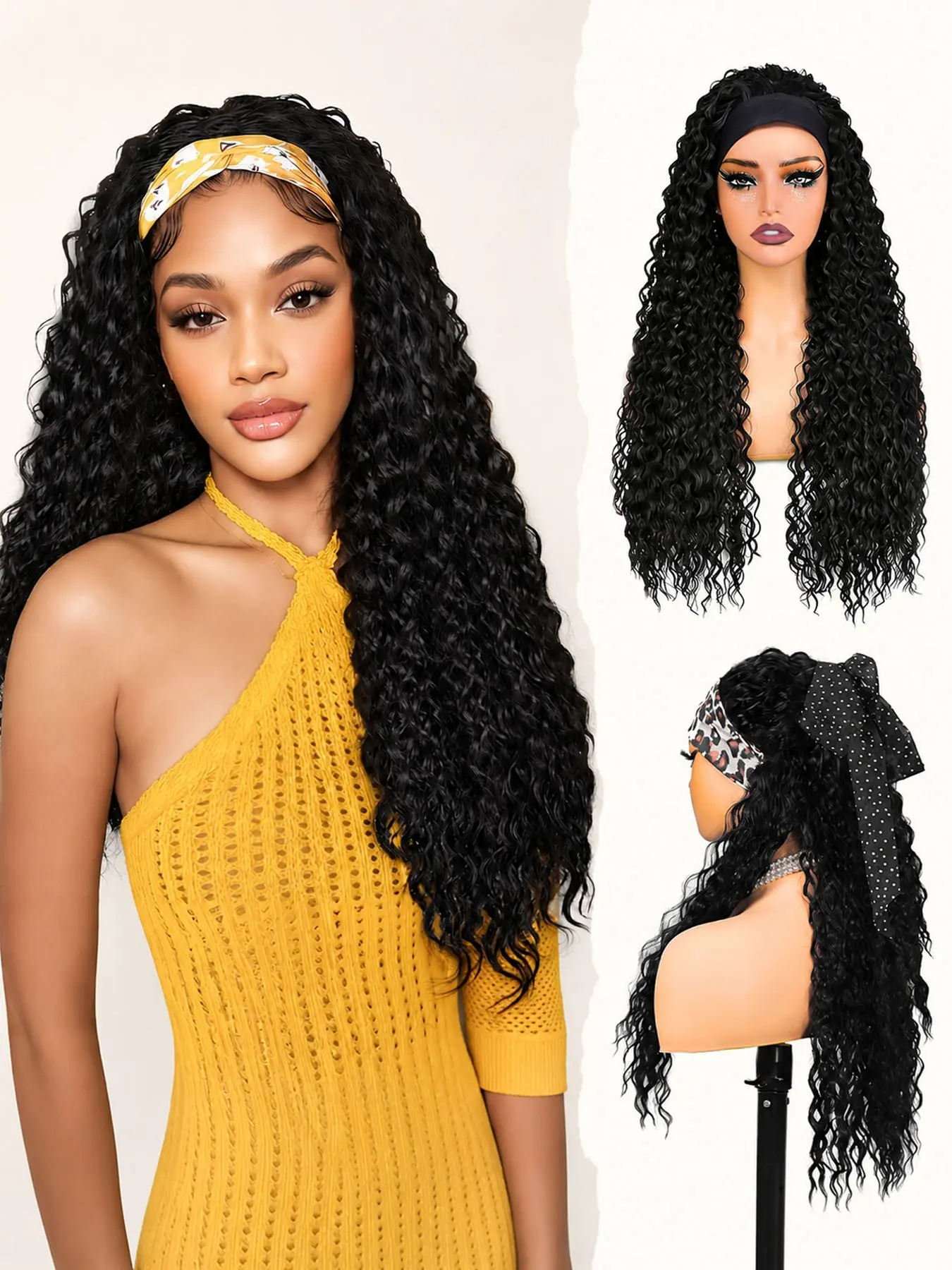 Curly Headband Wig 26 Inch Long Curly Synthetic Headband Wigs for Women Glueless None Lace Front Deep Wave Wigs Wear and Go Wet and Wavy Headband Half Wigs for Daily Party Use